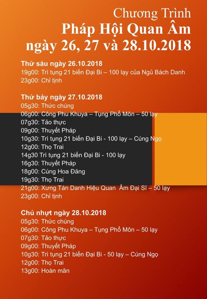 Thông Báo – Pháp Hội Quan Âm 26.10-28.10.2018