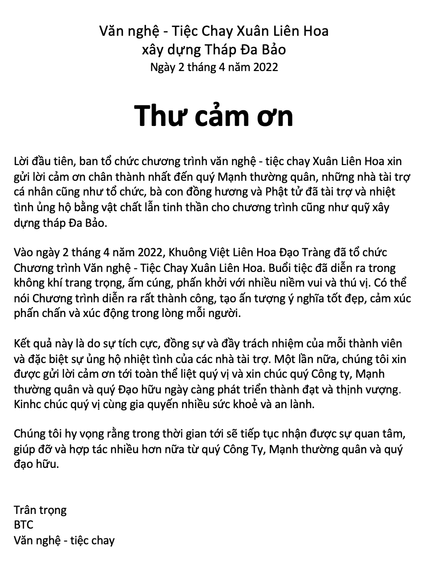 LHĐT – Thư Cảm Ơn