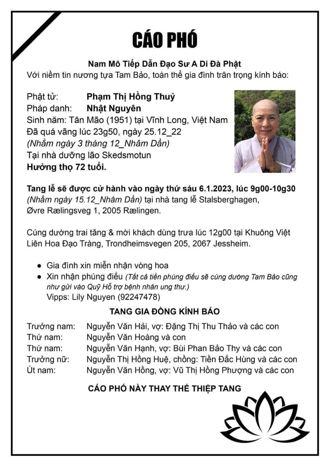 Cáo Phó bà Phạm thị hồng Thủy