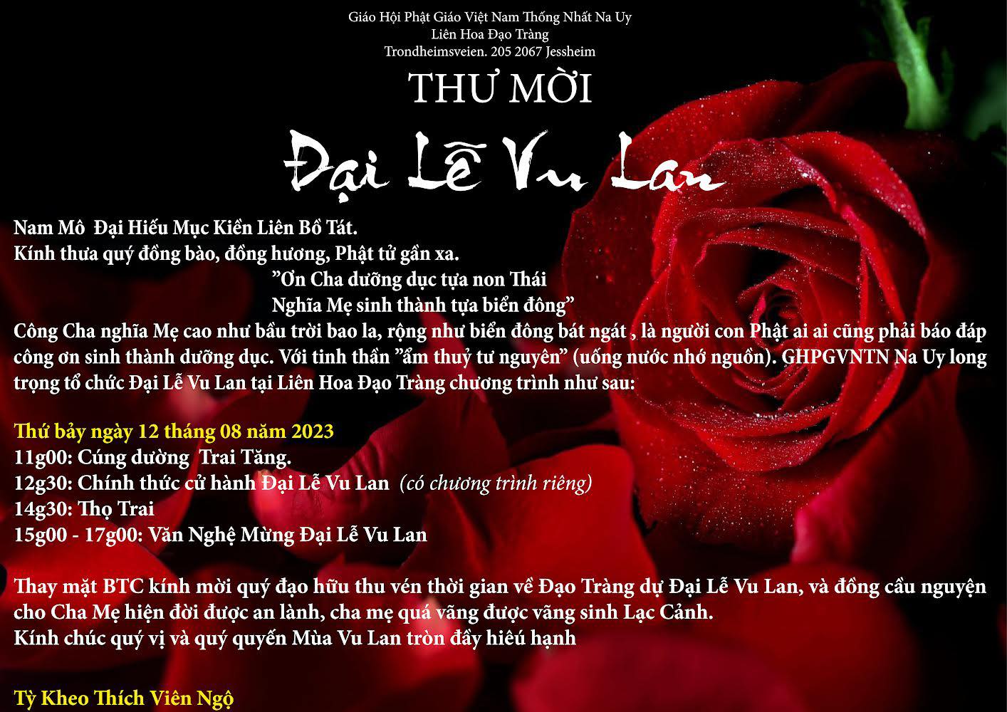 Thư mời Đại Lễ Vu Lan 12.08.2023