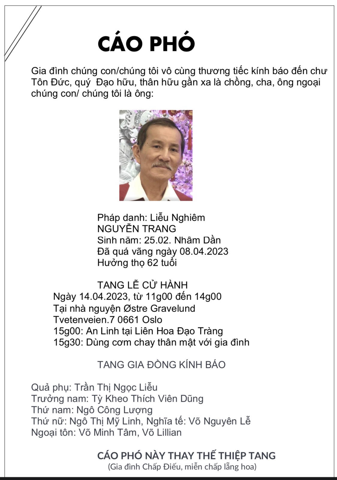Cáo Phó ông Nguyễn Trang pháp danh Liễu Nghiêm